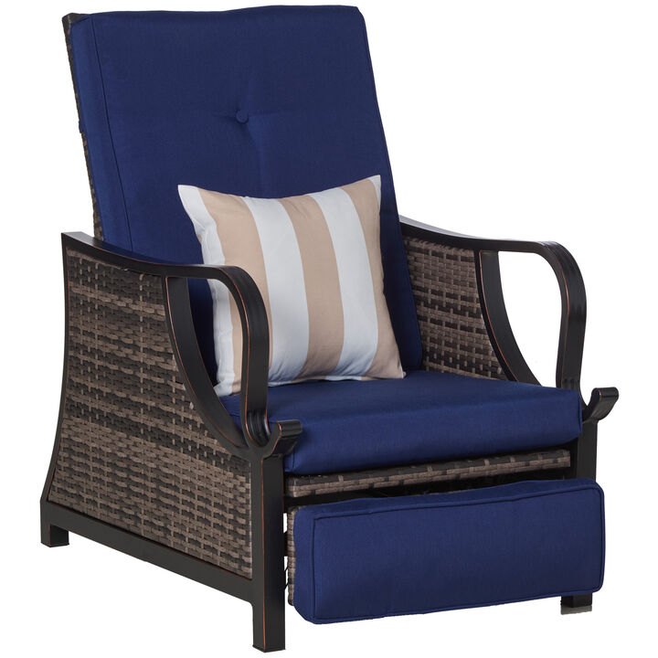 Outsunny Outdoor Recliner Chair with Cushion, Rust-Resistant Aluminum Frames PE Wicker Patio Lounge Chaise Chair with Adjustable Reclining Backrest and Footrest, Pillow, Dark Blue