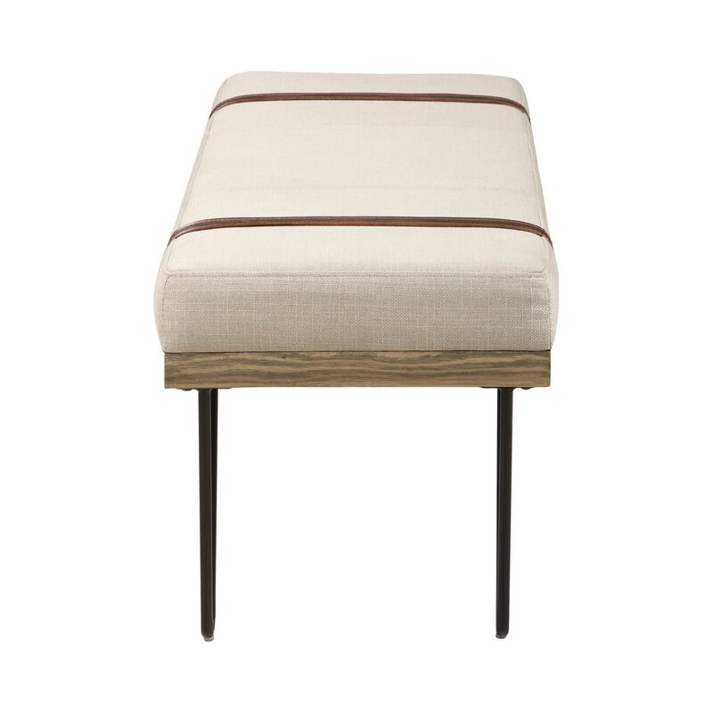47 Inch Accent Bench, Faux Leather Straps, Black Hairpin Legs, Beige Fabric-Benzara image number 3