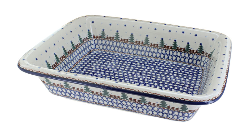 Blue Rose Polish Pottery Rooster Row Medium Rectangular Baker