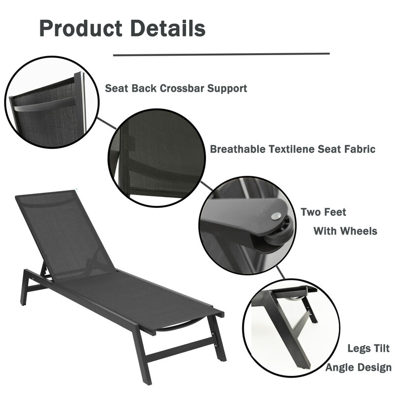 Outdoor 4-Pcs Set Chaise Lounge Chairs, Five-Position Adjustable Aluminum Recliner, All Weather for Patio, Beach, Yard, Pool ( Grey Frame/ Black fabric) image number 4
