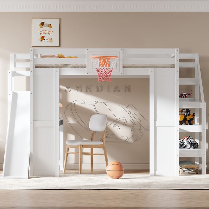Merax Full Size White Wooden Loft Bed with Staircase Desk, Slide & Basketball
