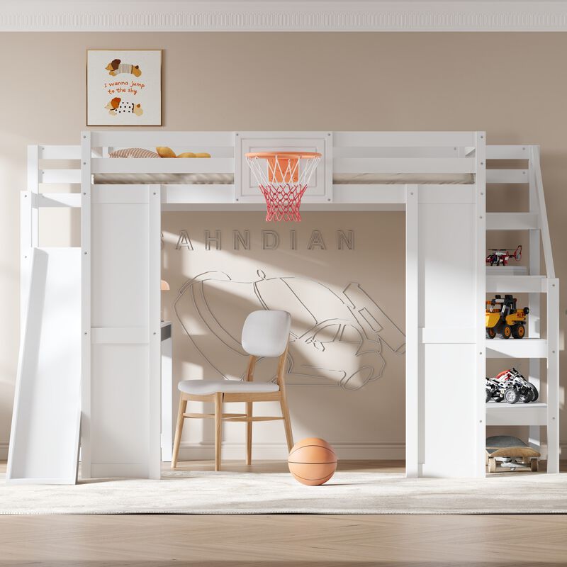 Merax Full Size White Wooden Loft Bed with Staircase Desk, Slide & Basketball image number 1