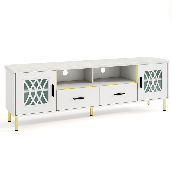 TV Stand with Glass Doors for Flat Screen TVs and Elegant Media Storage