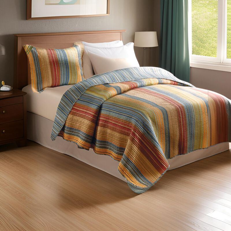 Huascaran 2 Piece Fabric Twin Size Quilt Set with Channel Stitching, Multicolor - Benzara