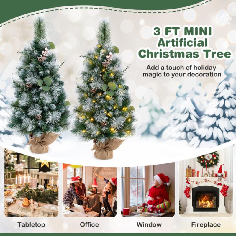 Hivvago 3 FT Pre-Lit Artificial Mini Christmas Tree with 98 Flocked PVC and Pine Needles