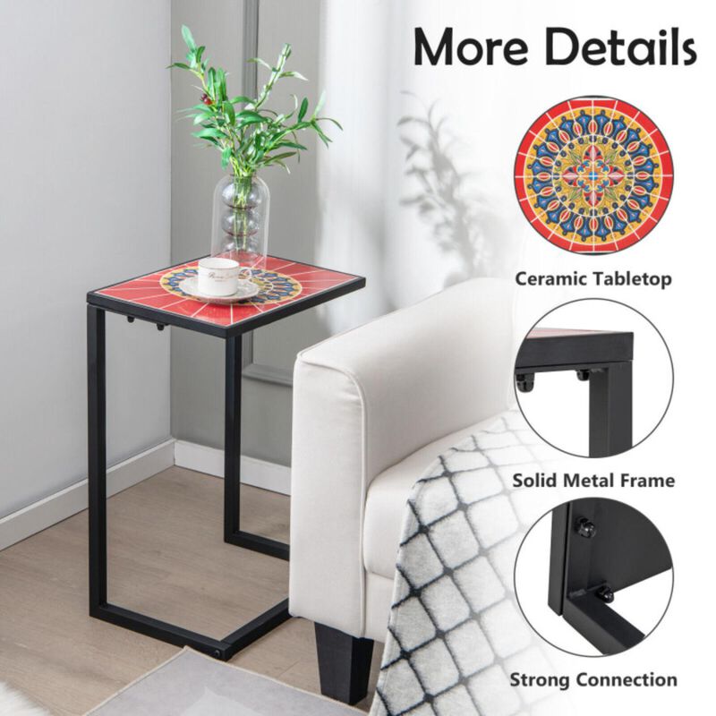 Hivvago C-shaped Waterproof Outdoor Side End Table with Ceramic Top