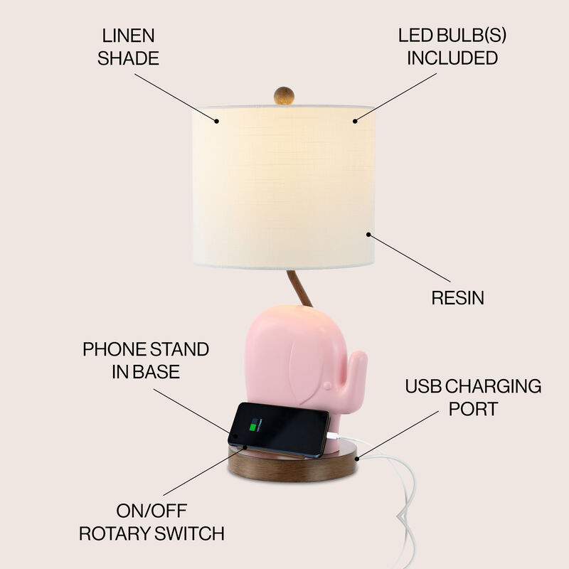 Ellie 20.25" Bohemian Designer Iron/Resin Elephant LED Kids' Table Lamp with Phone Stand and USB Charging Port
