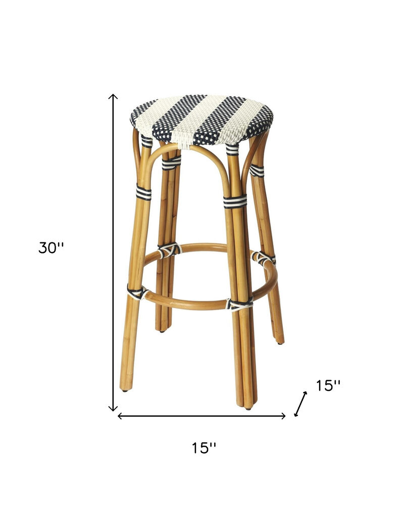 HomeRoots 30" Blue White And Natural Heavy Duty Plastic And Rattan Backless Bar Height Bar Chair image number 4