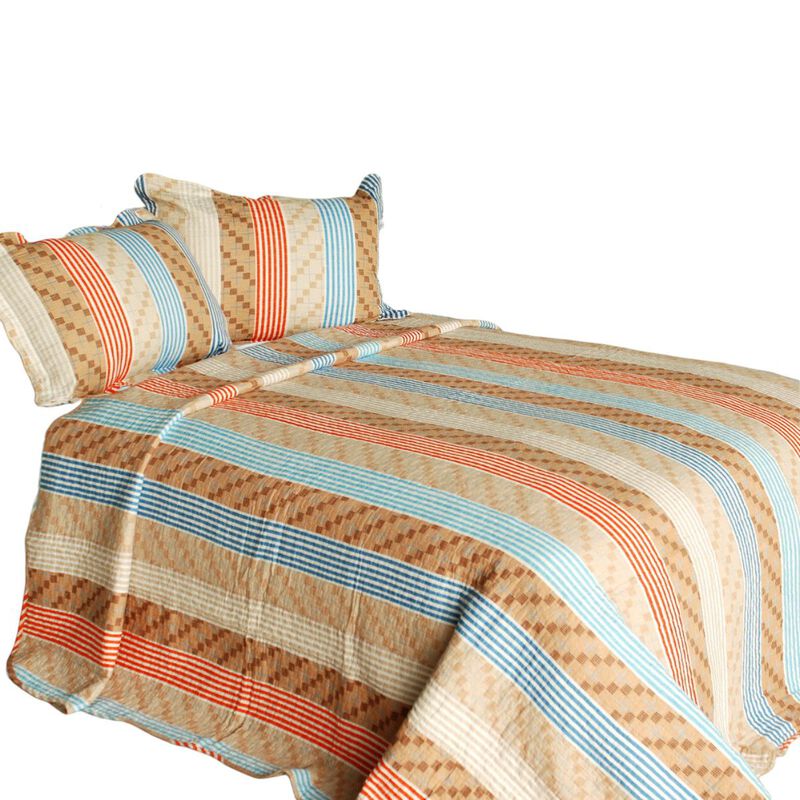 3-Piece Cotton Vermicelli Quilted Striped Printed Quilt Set with Matching Shams image number 1