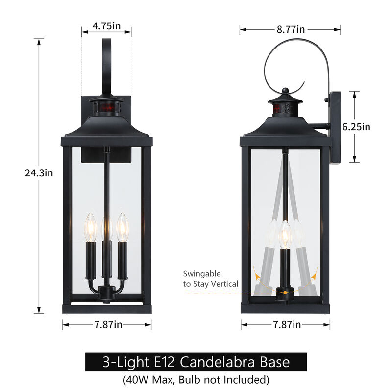 24 in. Modern Farmhouse Black 3-Light Dimmable Outdoor Wall Lantern with Clear Glass Shade image number 2