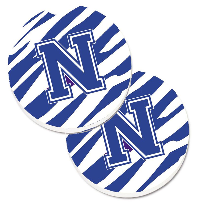 Caroline's Treasures Monogram Initial N Tiger Stripe Blue & White Set of 2 Cup Holder Car Coasters CJ1034-NCARC, 2.56, Multicolor
