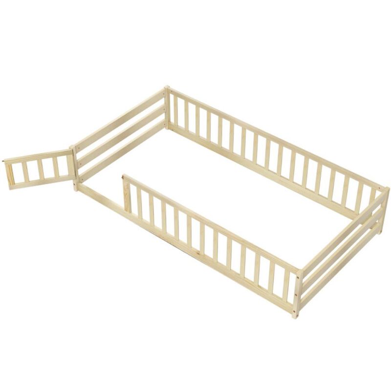 Hivvago Twin Size Kids Wood Montessori Floor Bed with Door and Fence