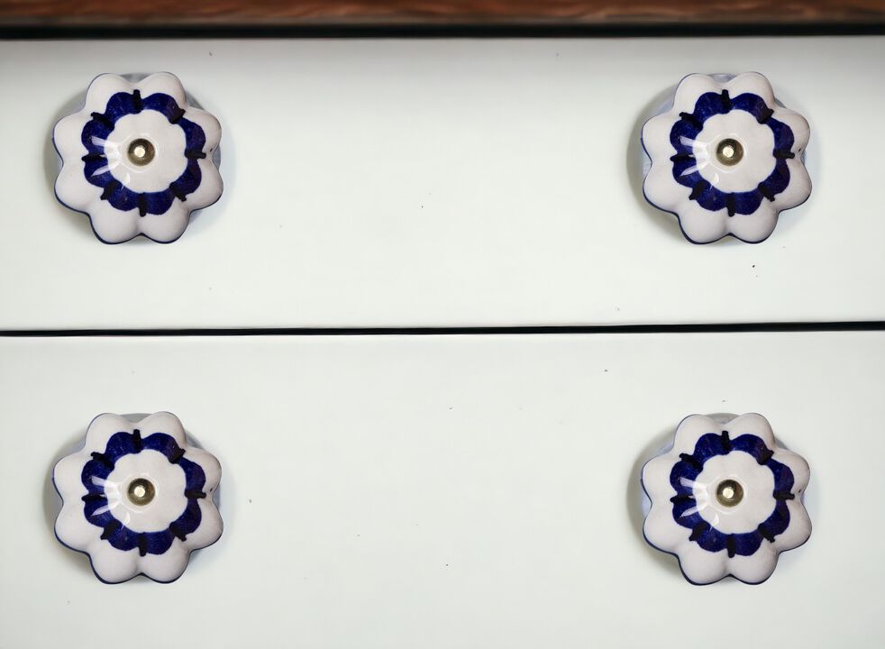 HomeRoots Set of Eight Blue And White Ceramic And Metal Drawer Pull Knobs