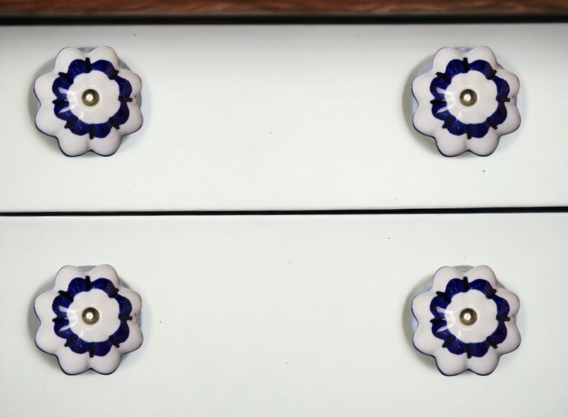 HomeRoots Set of Eight Blue And White Ceramic And Metal Drawer Pull Knobs image number 1