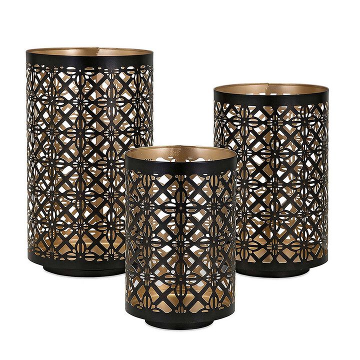 Set of 3 Rounded Iron Candle Holder Lanterns, Matte Black Gold Latticework - Benzara