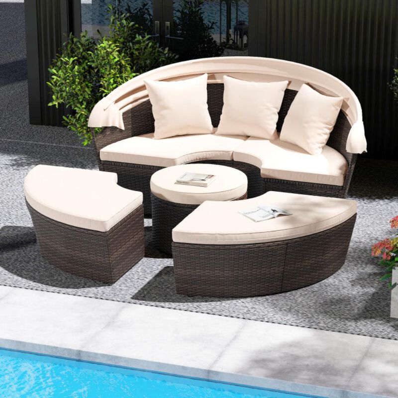 Hivvago Patio Round Daybed with Retractable Canopy-White