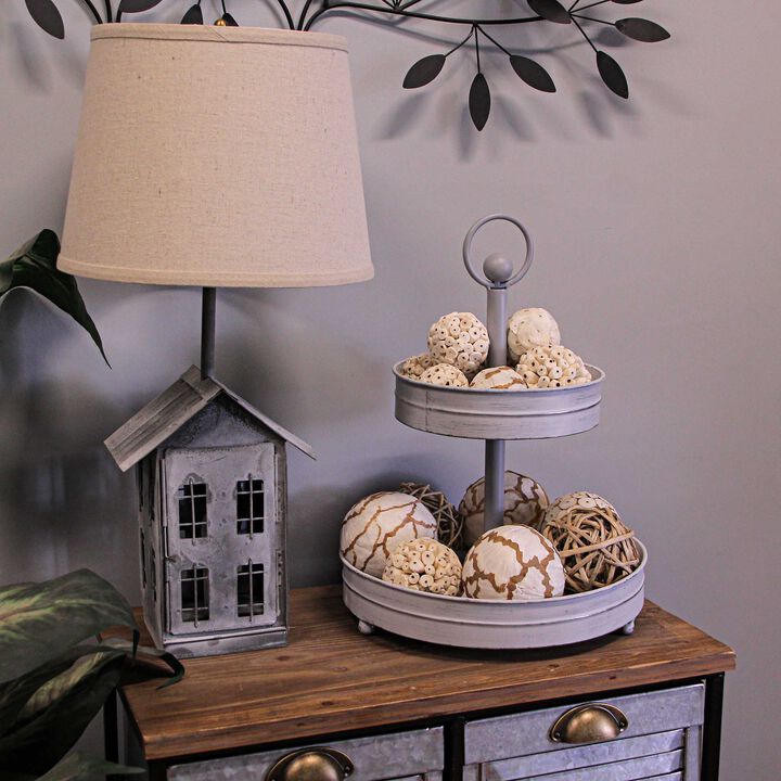 White Galvanized Metal Rustic Round Two Tier Farmhouse Tray Serving Stand