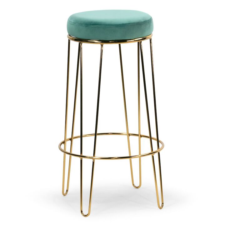 Glamour Home Set of 2 Angie Turquoise Velvet Bar Stool with Golden Metal Frame