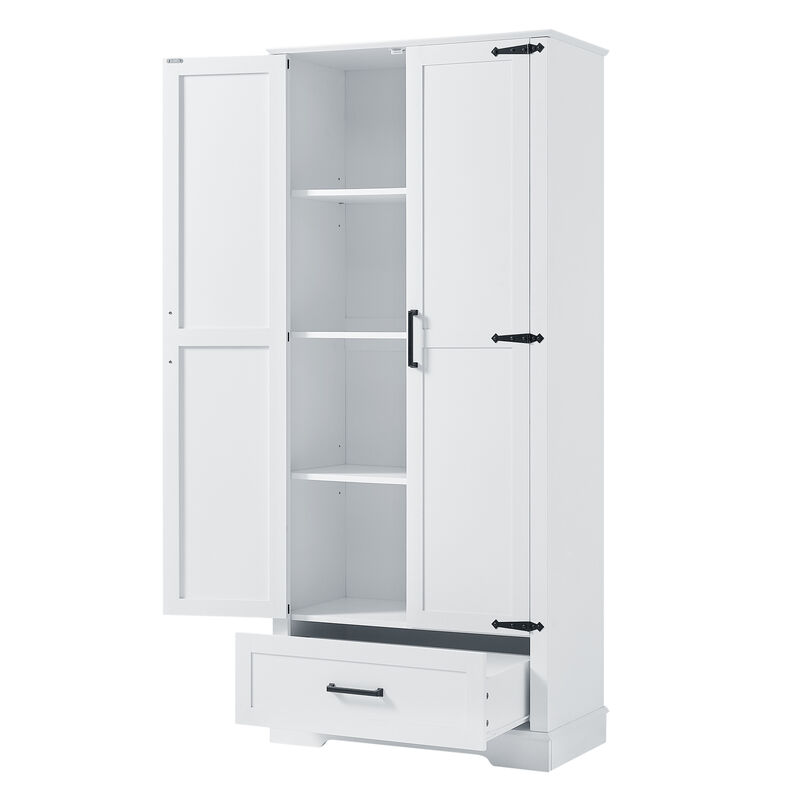Whisen Tall White Bathroom Storage Cabinet with Black Handles, Double Doors, Drawer and Adjustable Shelf - White