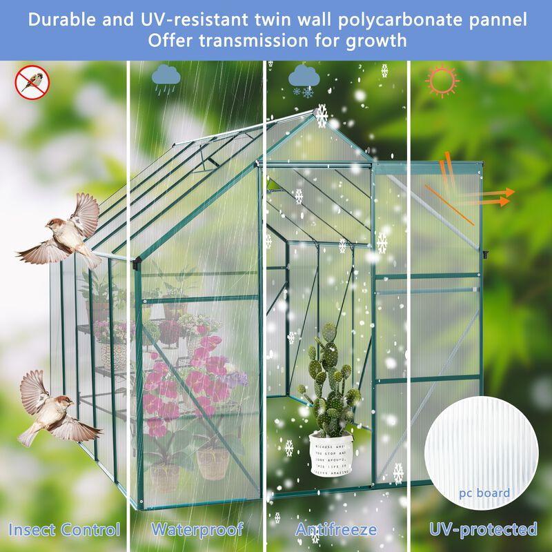 6X10FT Polycarbonate Greenhouse Raised Base and Anchor Aluminum Heavy Duty Walk-in Greenhouses image number 6