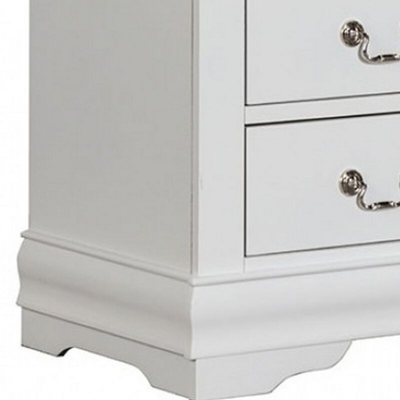 Ryla Nightstand, 2 Drawers, Classic White Solid Wood, Nickel Metal Handles - Benzara