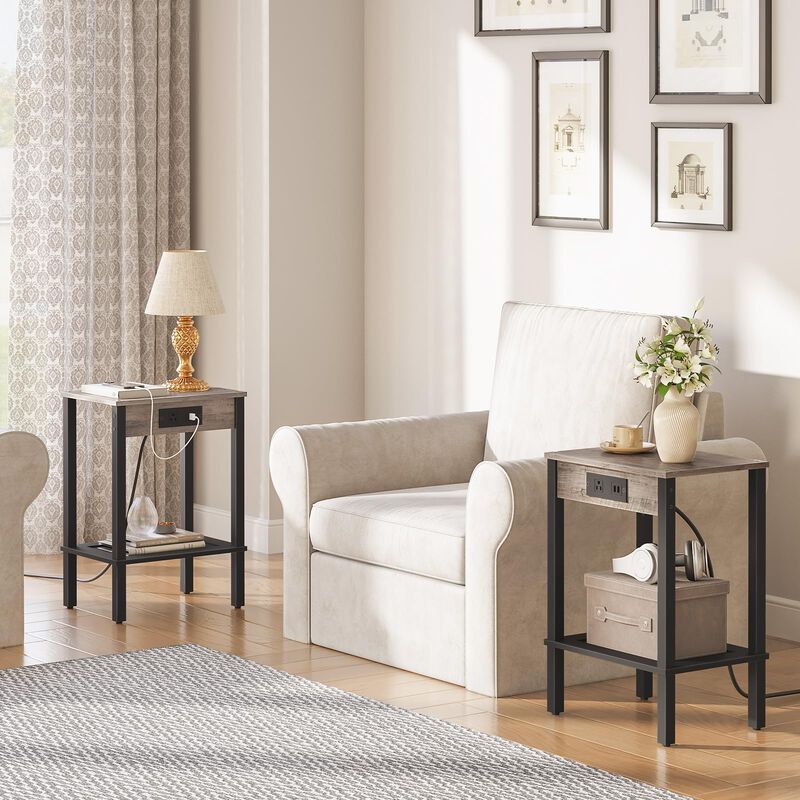 HOOBRO Side Table with Charging Station, End Table with USB Ports and Outlet, Nightstand with Storage Shelf, Faux Rattan Decorat