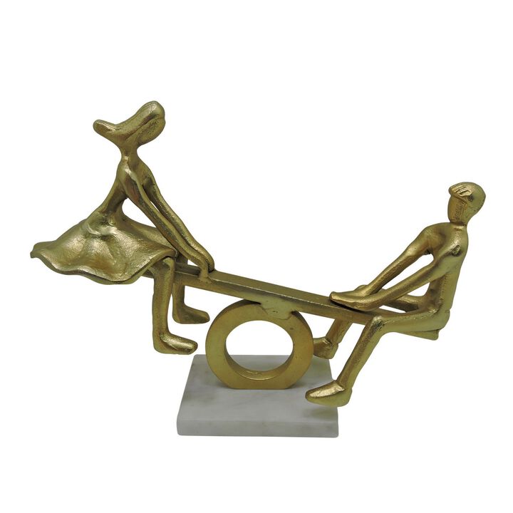 17 Inches Metal Couple on Seesaw Sculpture, Gold- Benzara