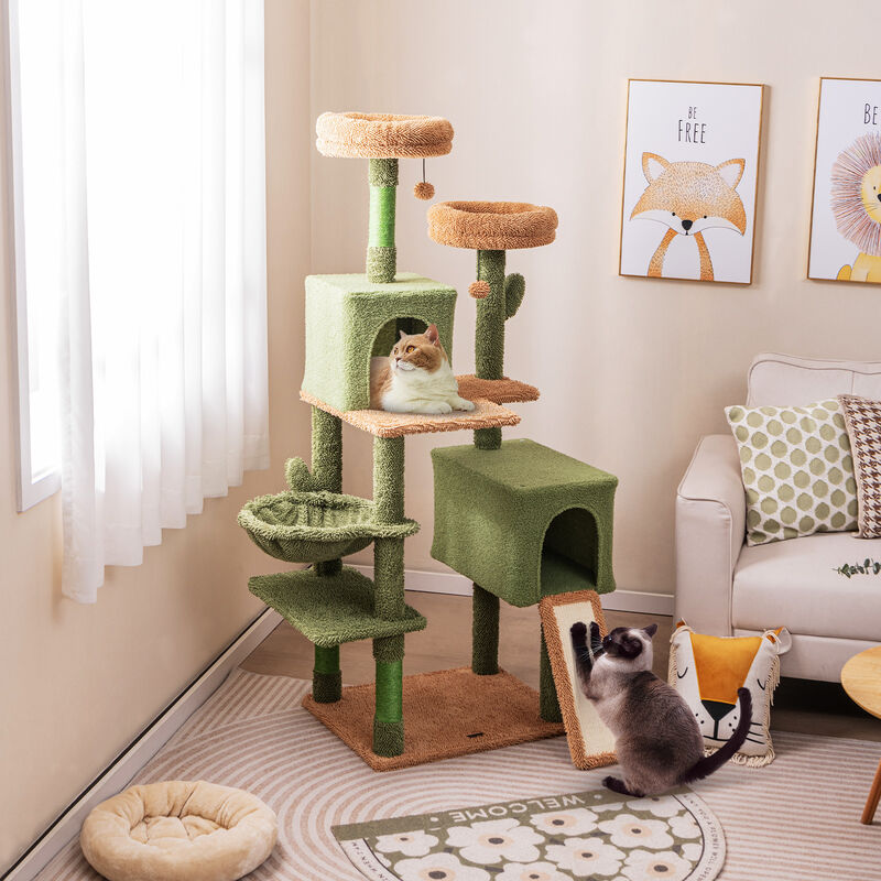 Multi-Level Cactus Cat Tree with Scratching Posts, Ladder, Double Condos, Toys, and Cozy Bed