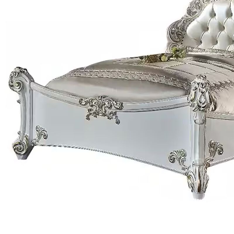 Antoine King Bed, Classical Style, White Faux Leather Victorian Carved