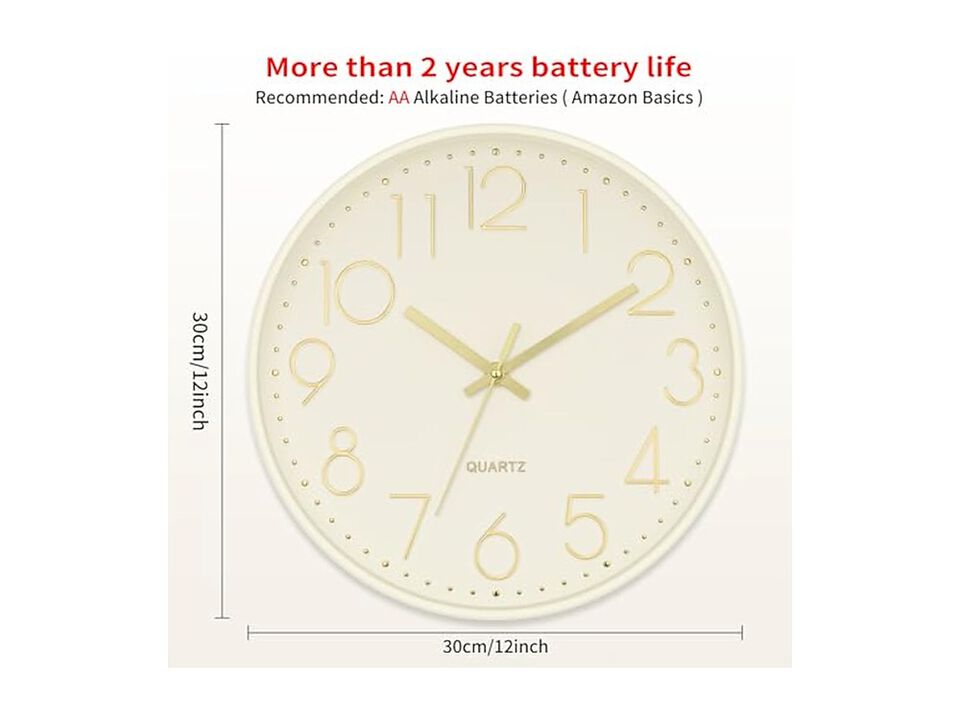 Cream Wall Clock 12 Inch Silent Non Ticking Modern Battery Operated