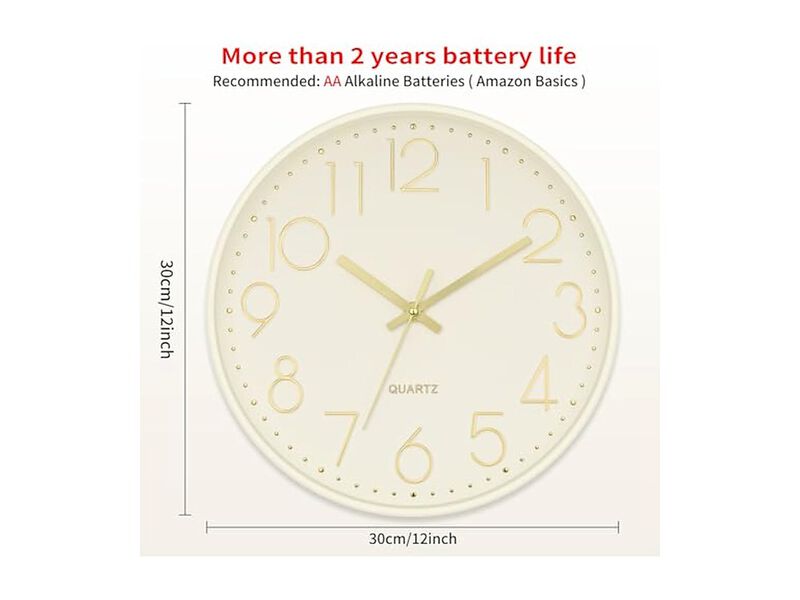 Cream Wall Clock 12 Inch Silent Non Ticking Modern Battery Operated image number 1