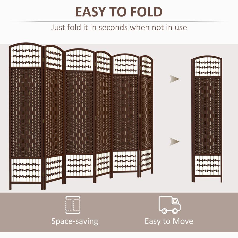 6 Panel Folding Room Divider Portable Privacy Screen Wave Fiber Room Partition for Home Office Brown
