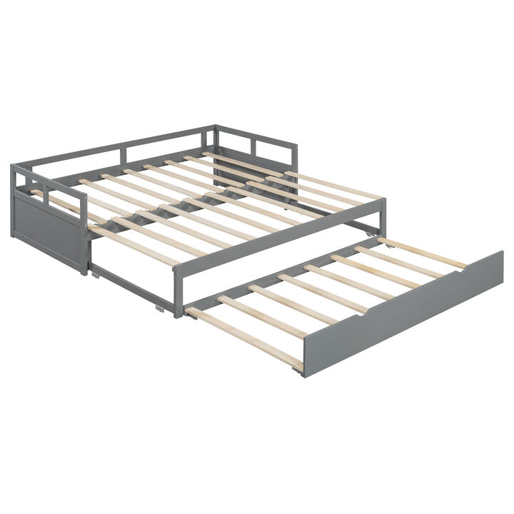 Merax Versatile Extending Twin-to-King Size Daybed with Trundle Solid Pine Wood Frame Built-In Wood Slats No Box Spring Needed Smooth Casters