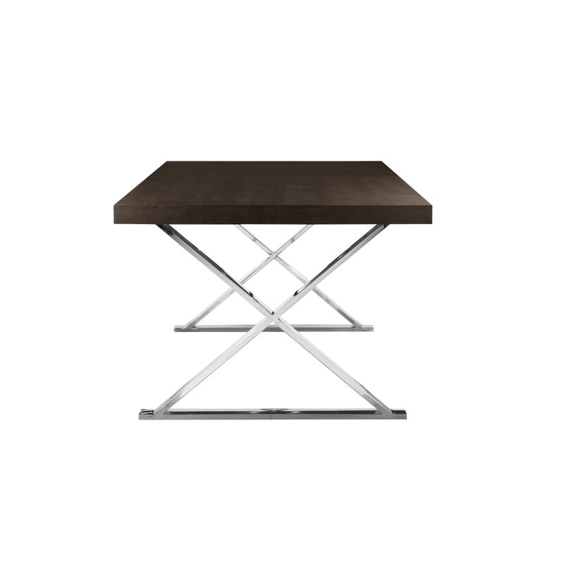 Rix 87 Inch Dining Table, Espresso Brown Wood Top, X Chrome Steel Legs