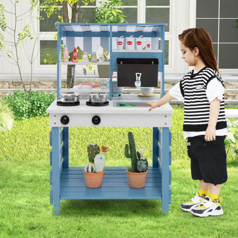 Hivvago Double-sided Wooden Play Kitchen and Grocery Stand with Stoves for Kids 3+ Years Old
