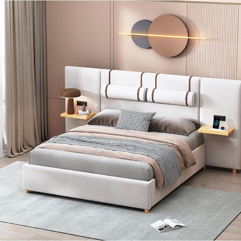 Upholstered Bed Frame with Dual USB Ports Outlets Storage Shelves and Pillows image number 1