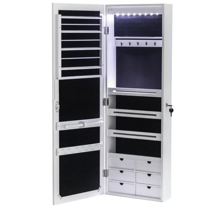 Wall-Mounted Jewelry Storage Mirror Cabinet with 4-Layer Shelf, 6 Drawers & 8 Blue LED Lights