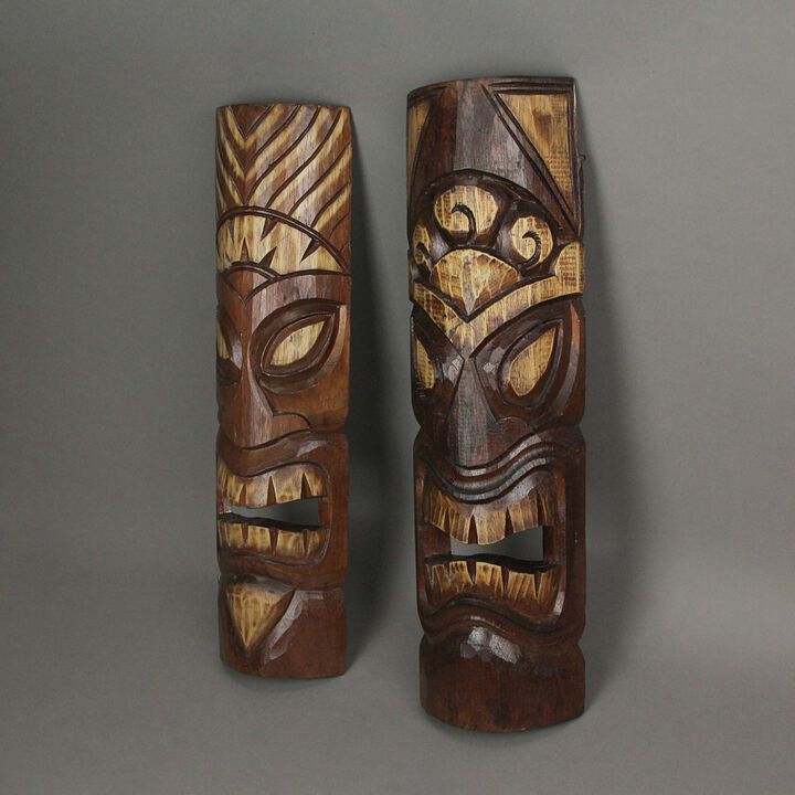 Set of 2 Hand Carved  Wood Sun and Flower Polynesian Tiki Masks 20 Inches High