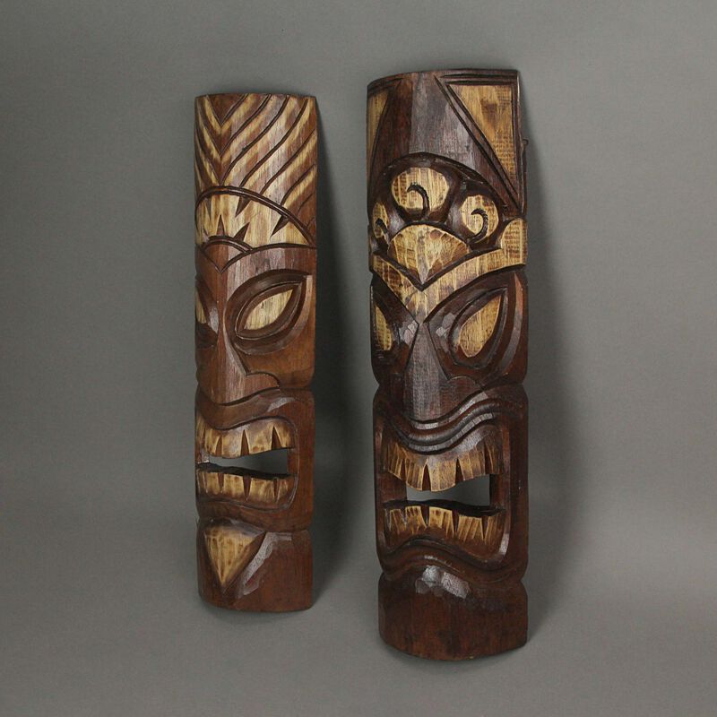 Set of 2 Hand Carved  Wood Sun and Flower Polynesian Tiki Masks 20 Inches High image number 1