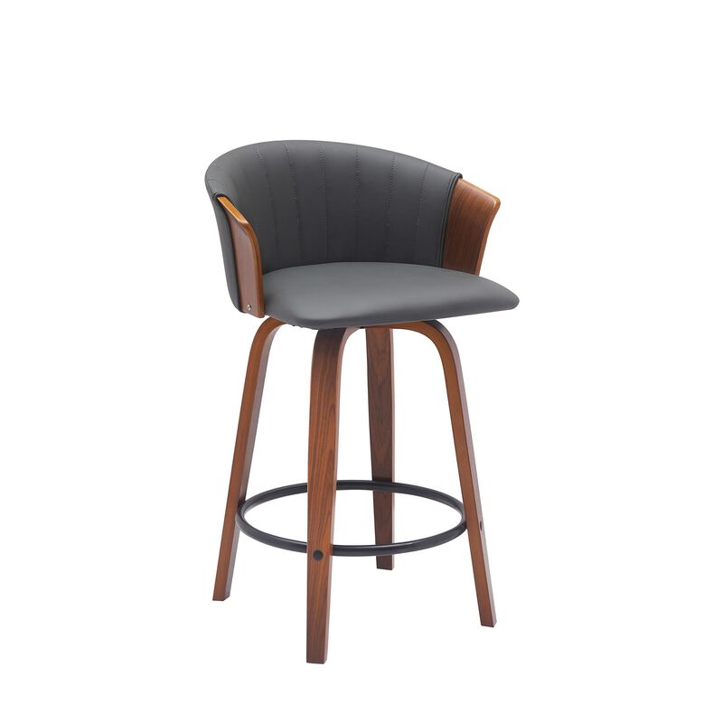 Oja 26 Inch Swivel Counter Stool Chair, Gray Faux Leather, Walnut Brown - Benzara