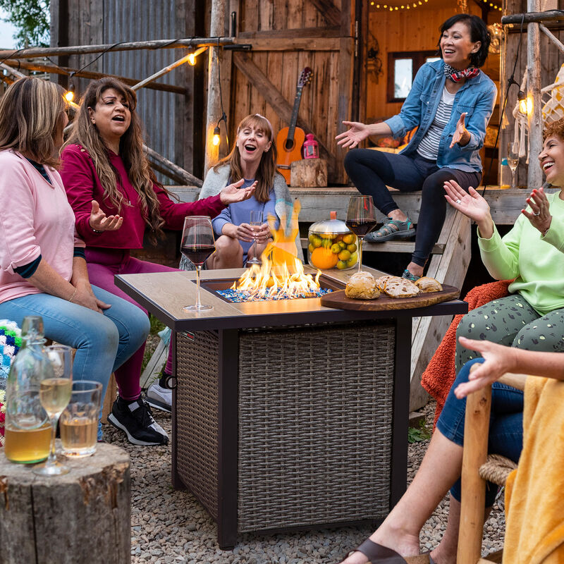 OuterMust 30 Inch Propane Fire Pit Table 50,000 BTU with Lid & Blue Glass Bead