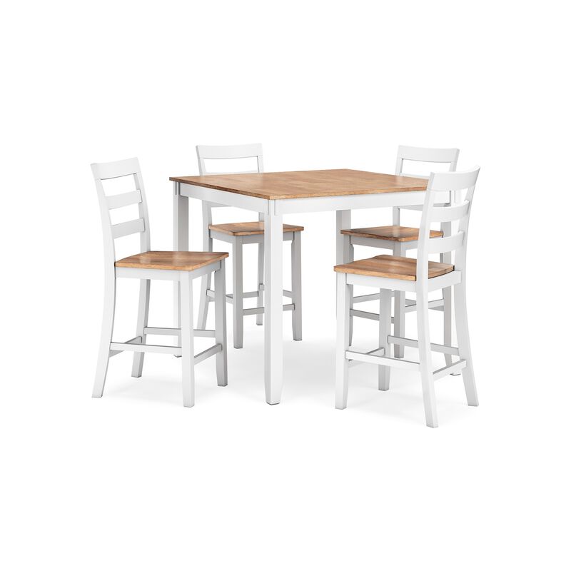 Gasy Counter Height Dining Table Set, 4 Ladderback Chairs, White Brown - Benzara