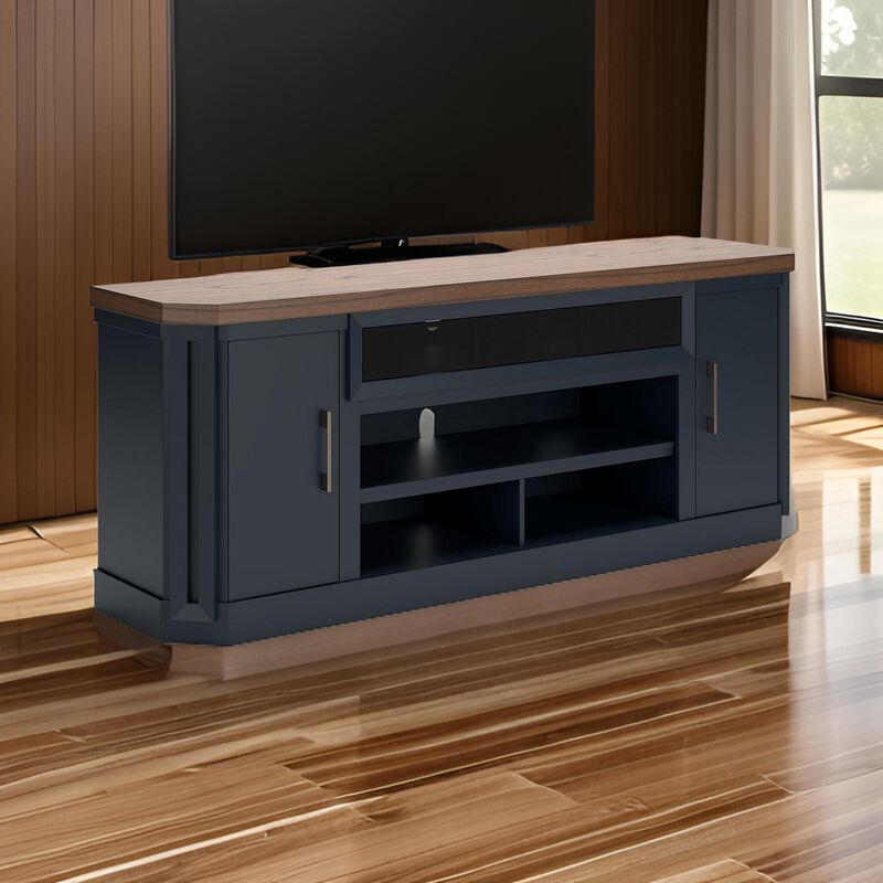 Docken TV Media Console, Open Fireplace Area, Blue Brown, 83 Inch - Benzara