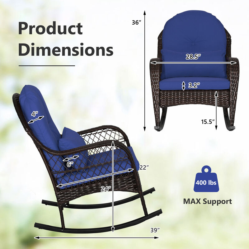 Patio Rattan Rocking Chair with Seat Back Cushions and Waist Pillow image number 3