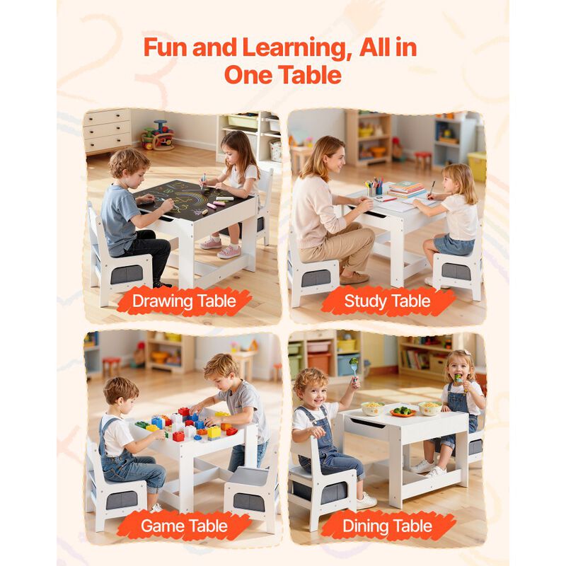 Kids Wooden Desk and 2 Chairs Set with Storage for Crafts and Reading-White image number 5