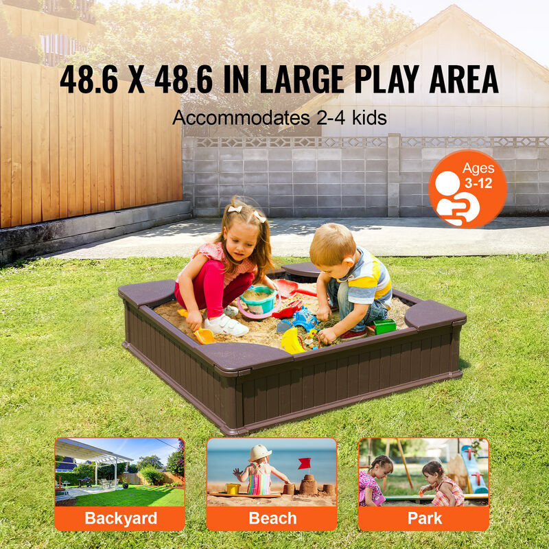 Square Sandbox with Cover &ndash; HDPE Outdoor Sand Pit with Seating for 4 Kids & Bottom Liner, Perfect for Backyard Play Ages 3&ndash;12
