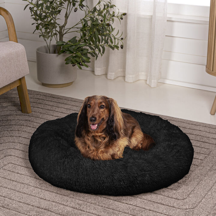 Maisie Bohemian Glam Faux Fur Round Fluffy Calming Donut Pet Bed with Washable Cover