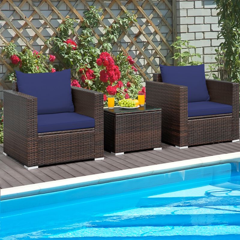 3 Pcs Patio Conversation Rattan Furniture Set with Cushion image number 2
