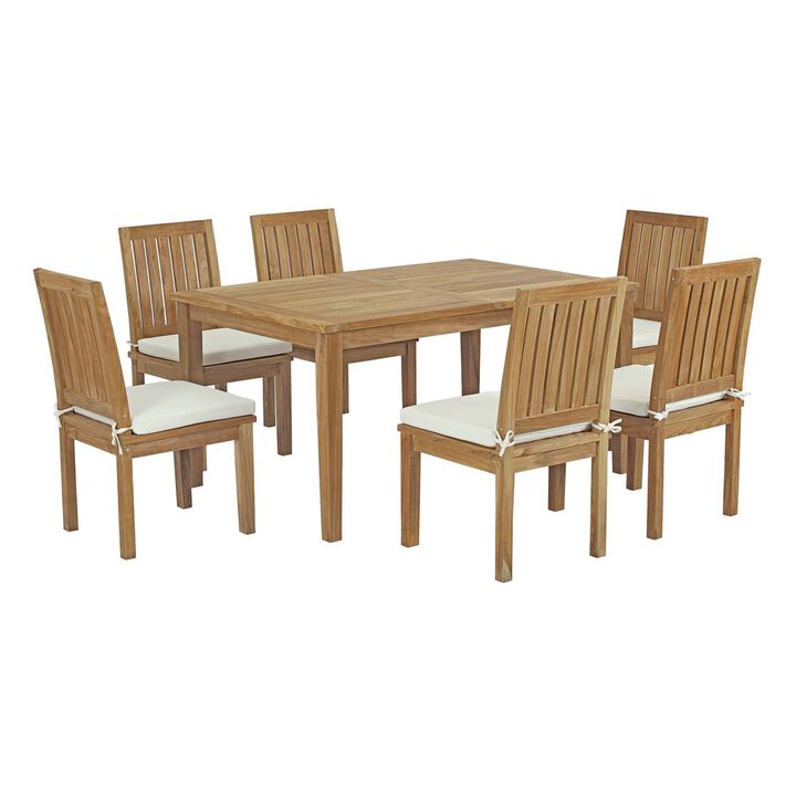 Modway Marina Premium Grade A Teak Wood 7 Piece Patio Teak Outdoor Dining Set in Natural White