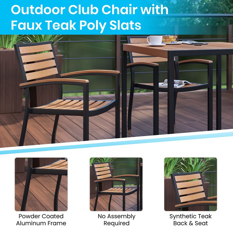 Flash Furniture 3 Piece Outdoor Dining Table Set - Synthetic Teak Poly Slats - 35" Square Steel Framed Table with Umbrella Holder Hole - 2 Stackable Club Chairs